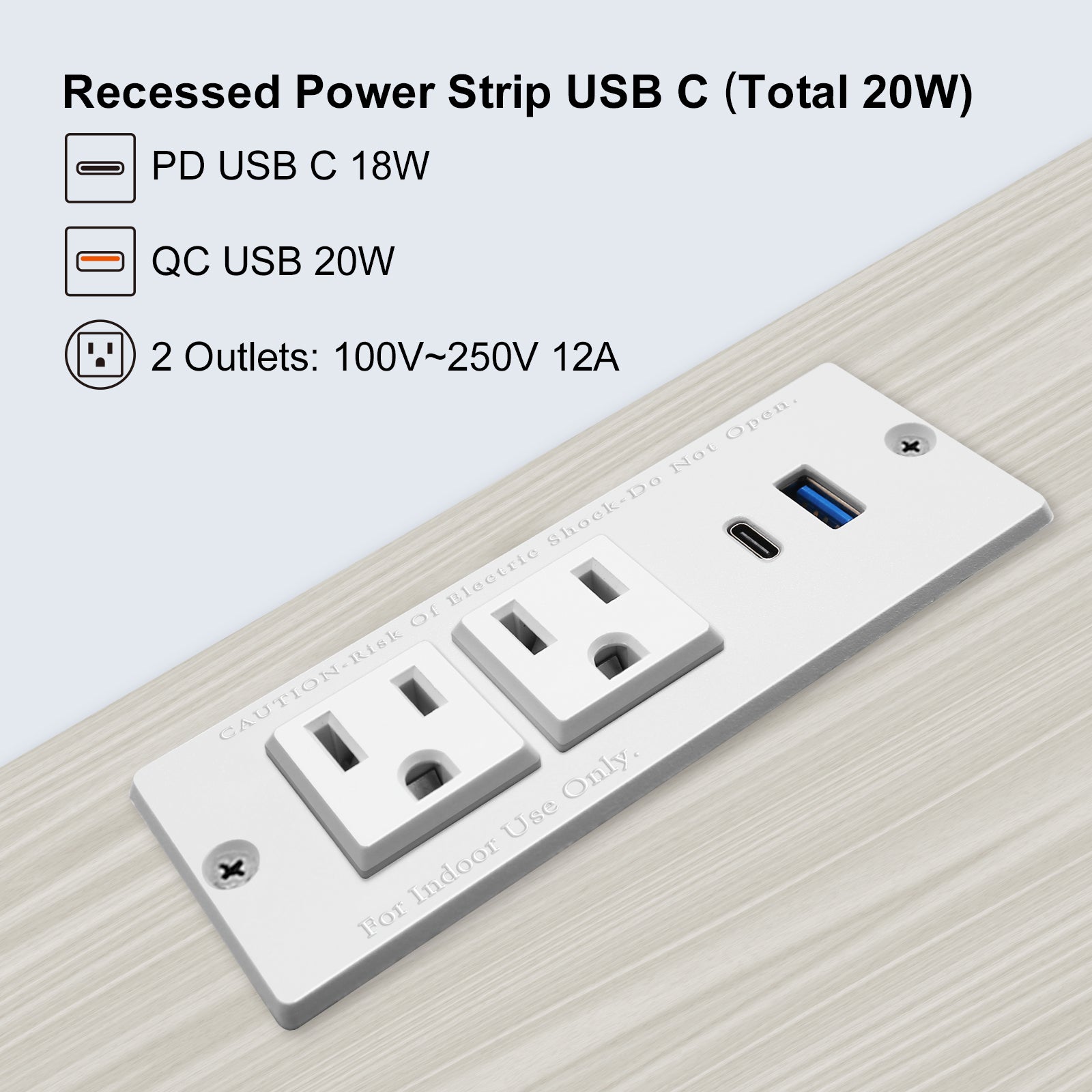 USB C Desk Recessed Power Strip Fast Charge Desktop Power Station 2 Outlets 2 USB (PD20W & QC18W, Total 20W) Mountable Flat Plug Extension Cord Mount for Tabletop Sofa Cabinet Nightstand
