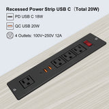 Recessed Power Strip USB C 20W Fast Charge Flush Mount Desktop Plug in Extension Cord 4 Outlets 2 USB-A Ports 1 USB-C Port Black (w Switch) for Table Conference Countertop