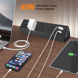 Fast Charge USB C Desk Clamp Power Strip 40W, Desktop Edge Mount 2 PD 20W USB-C Ports&2 QC 18W USB A Ports 3 Outlets Flat Plug for Home Office School Hotel ETL