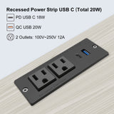 USB C Desk Recessed Power Strip Fast Charge Desktop Power Station 2 Outlets 2 USB (PD20W & QC18W, Total 20W) Mountable Flat Plug Extension Cord Mount for Tabletop Sofa Cabinet Nightstand
