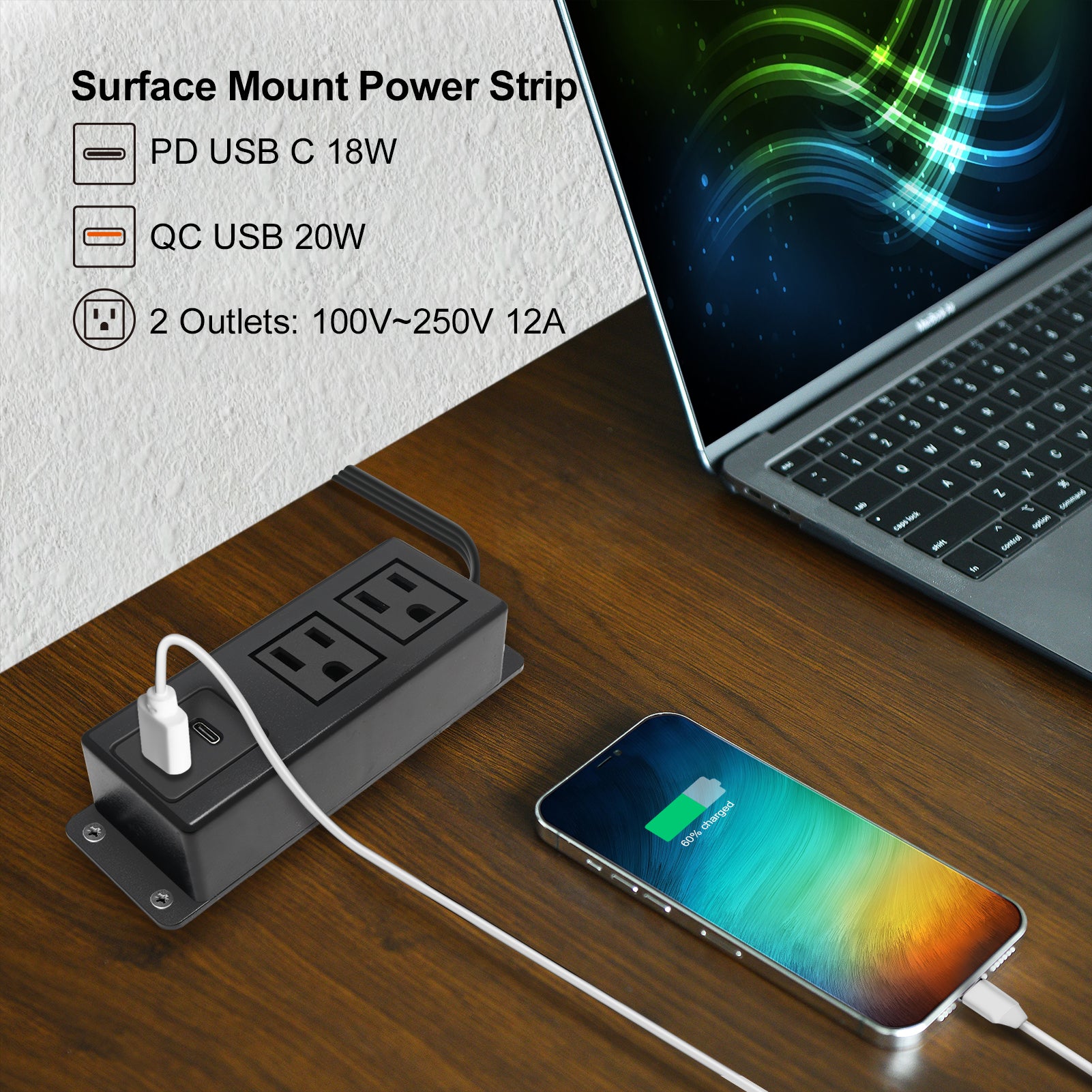 Multiple Plug Outlet with USB C 20W Wall Mounted Power Strip Under Des ...