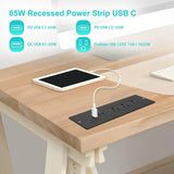 Recessed Power Strip USB C 65W,Flush Mount Desk Power Outlet 3 Outlets 3 USB (PD 65W& QC60W,)6.56ft Heavy Duty Power Cord with Flat Plug Fast Charge Built in Desktop Power Station for Furniture Black