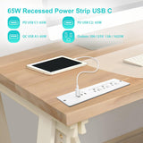 Recessed Power Strip USB C 65W,Flush Mount Desk Power Outlet 3 Outlets 3 USB (PD 65W& QC60W,)6.56ft Heavy Duty Power Cord with Flat Plug Fast Charge Built in Desktop Power Station for Furniture White