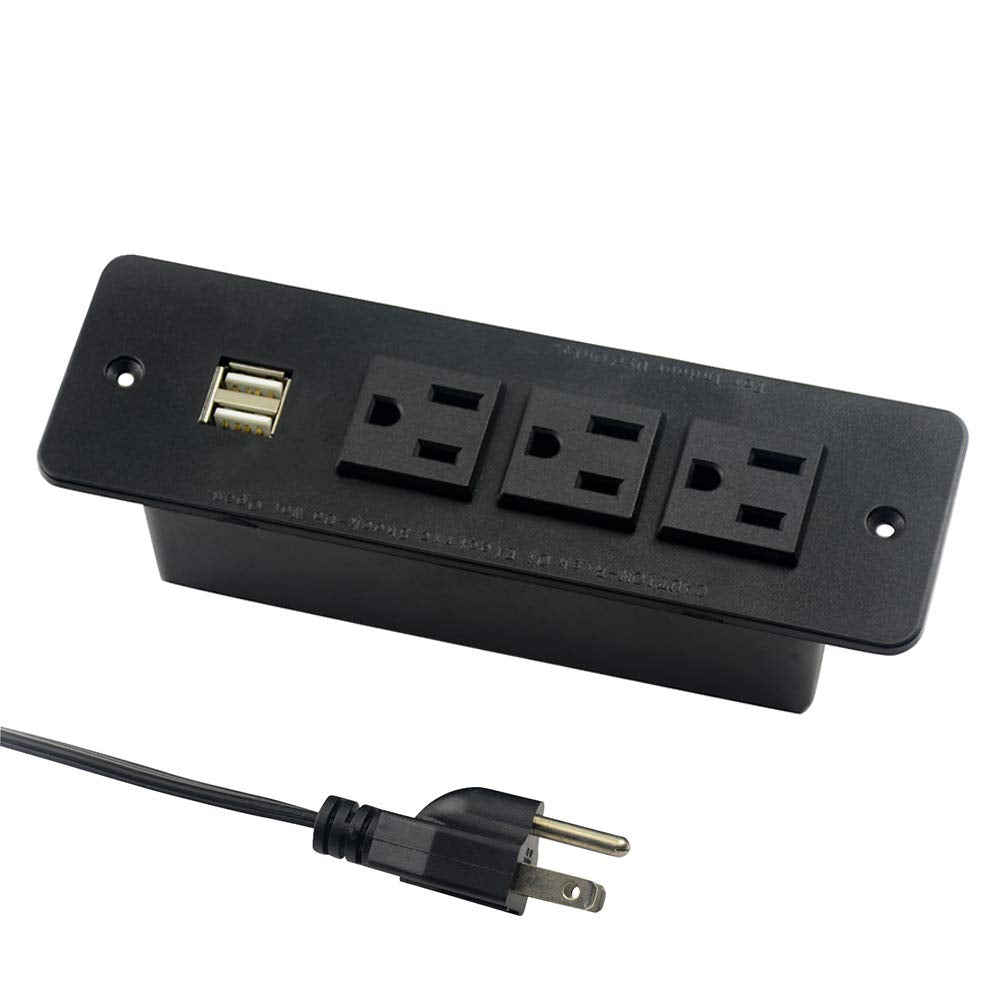 Recessed Power Strip with USB 3 Outlets 10ft Power Cord Black