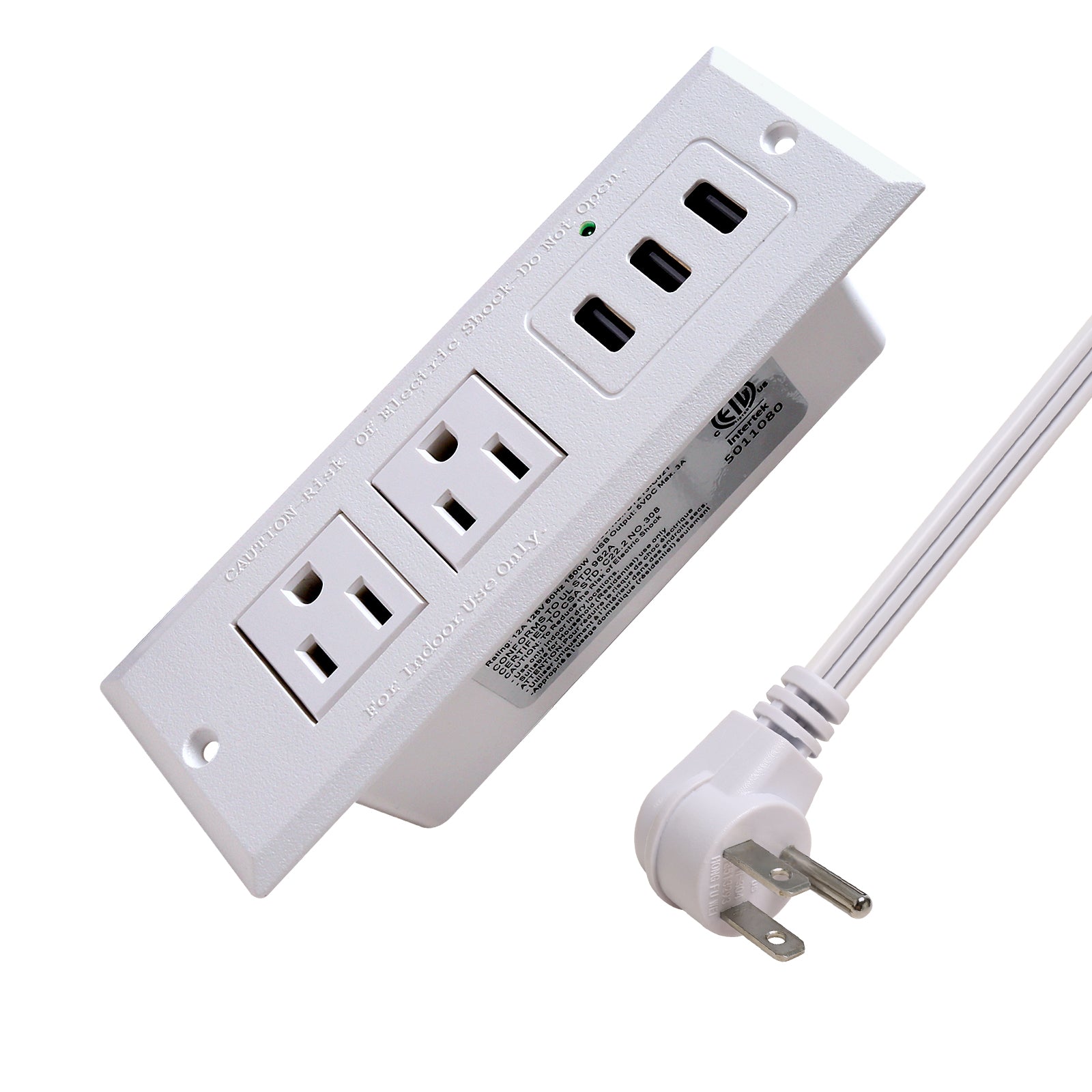 Desk Power Strip with USB Recessed Mounted Desktop Power Outlet 2 Outlets 3 USB Ports (15W/3A) White