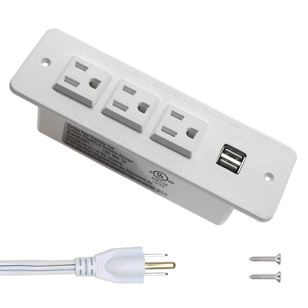 Recessed Power Strip with USB Mountable Power Outlet Desktop Workbench Drawer Cabinet