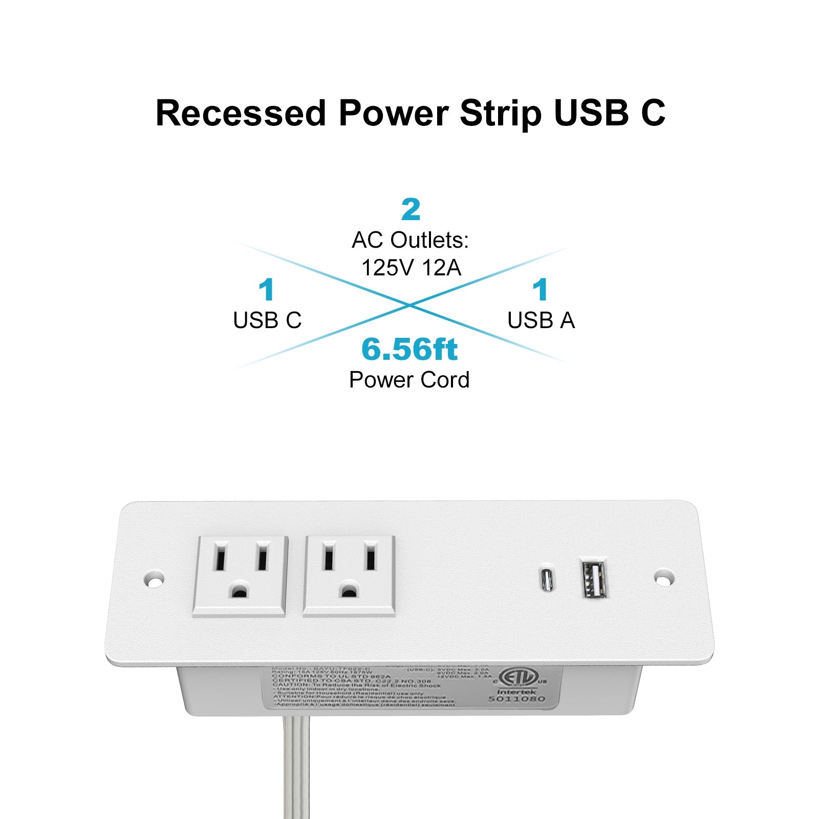 Recessed Power Strip with 20W PD USB C, Conference Flush Mount Desk Outlets White