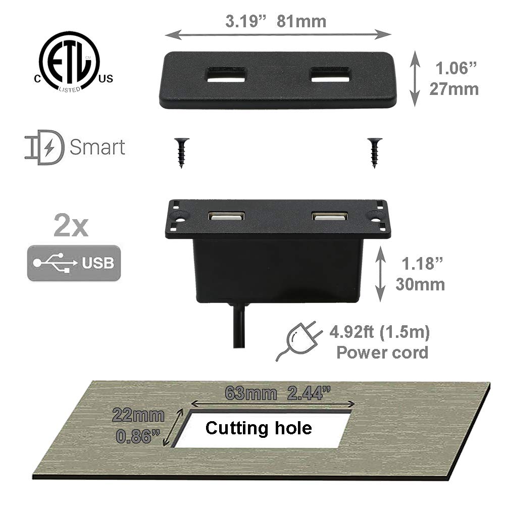 Powered USB Hub Socket Recessed USB Power Strip Outlet with Power Supp ...
