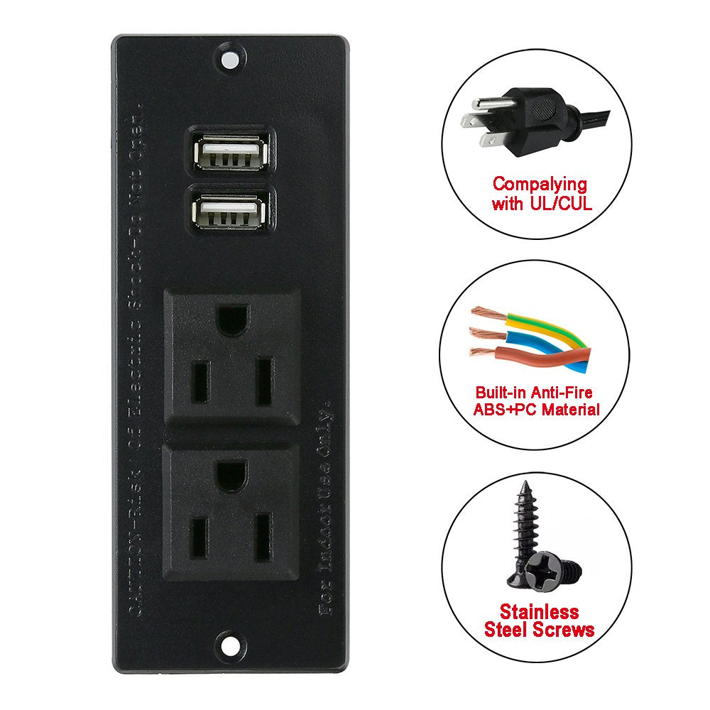 Desktop Power Strip with 2 Outlets 2 USB Recessed Furniture Power Strip
