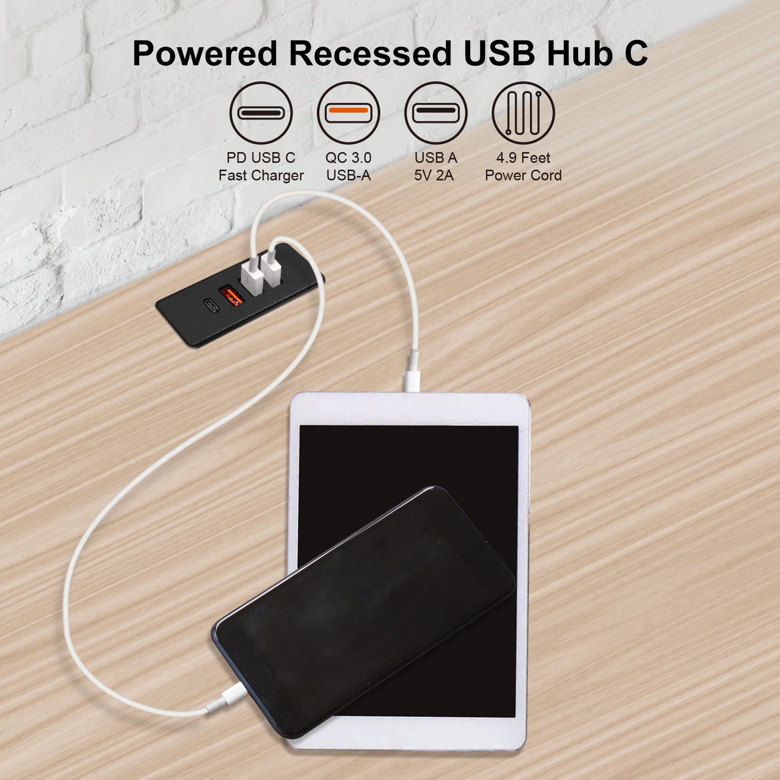 Powered USB C Hub Socket Recessed USB C Power Strip Outlet with Fast Charge 4 USB Ports 20W Mounted into Bed Desk Table Sofa