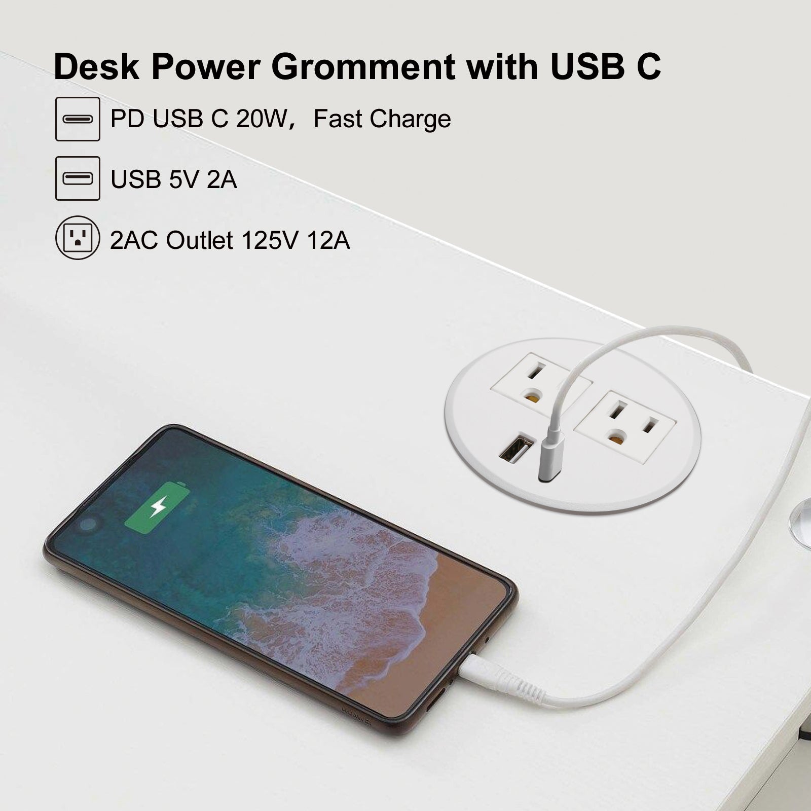 Power Grommet USB C Ports for Desk,20W PD Fast Charge Desktop Power Bar Flat Plug Extension Power Cord 2 AC Outlets Built in Counter Conference Table