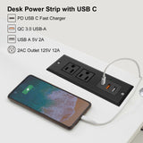 Recessed Power Strip Type C PD Fast Charge Desktop Power Outlet 2 Oultet 3 USB Black